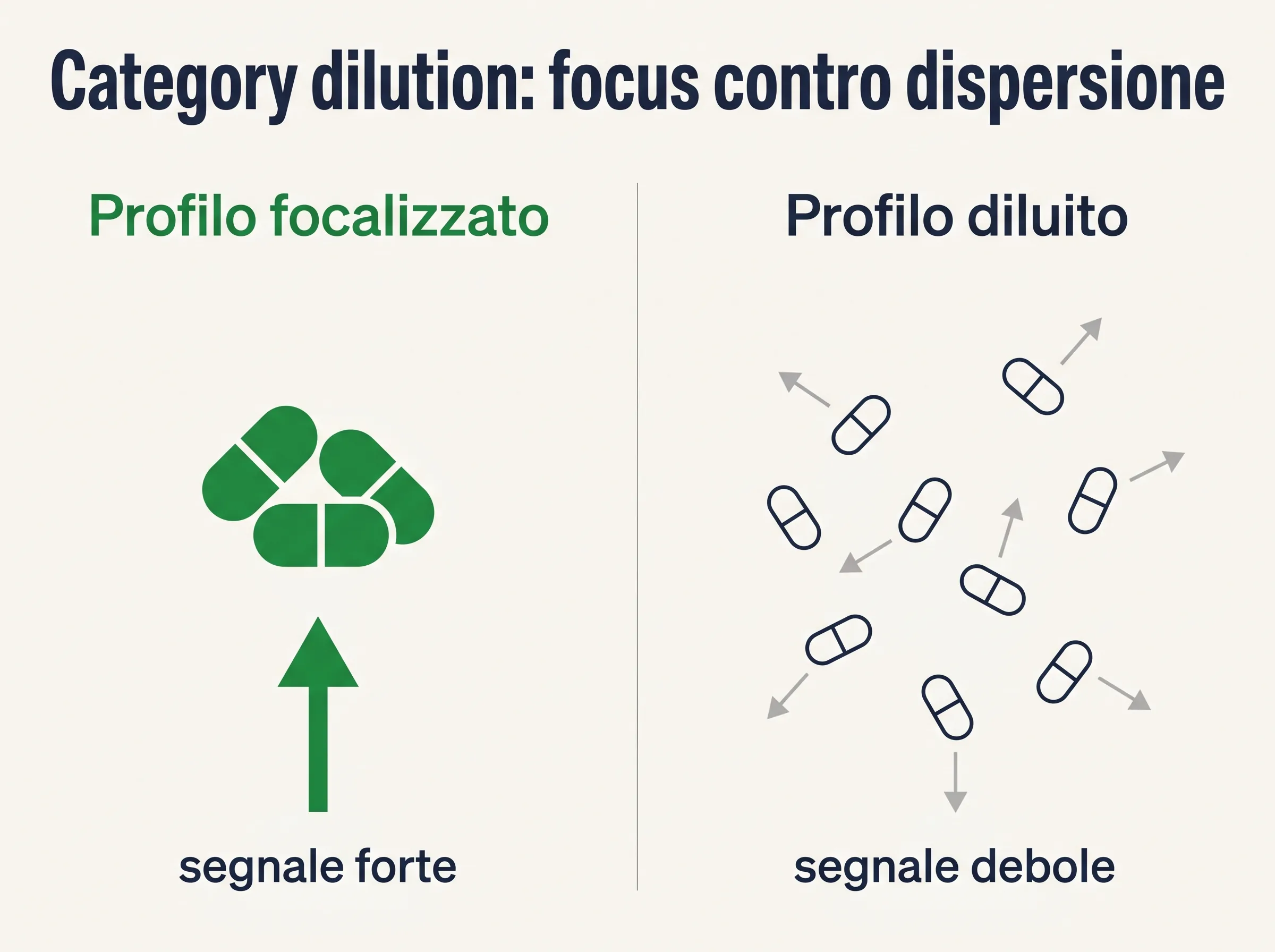 Category dilution: profilo focalizzato segnale forte contro profilo diluito segnale debole