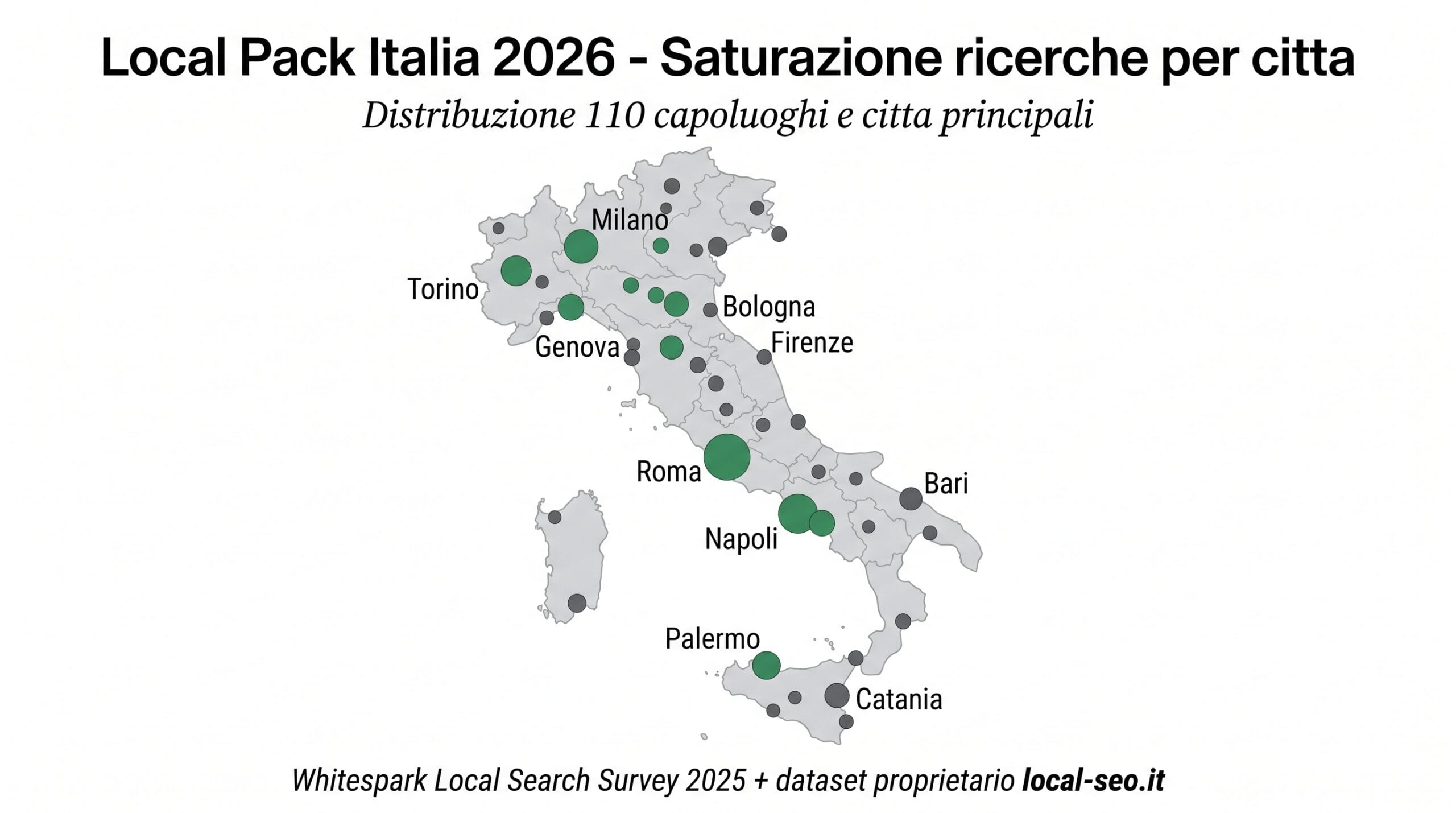 Mappa Italia con 110 citta proporzionate al volume di ricerca Local Pack, Roma e Milano le piu' grandi in verde