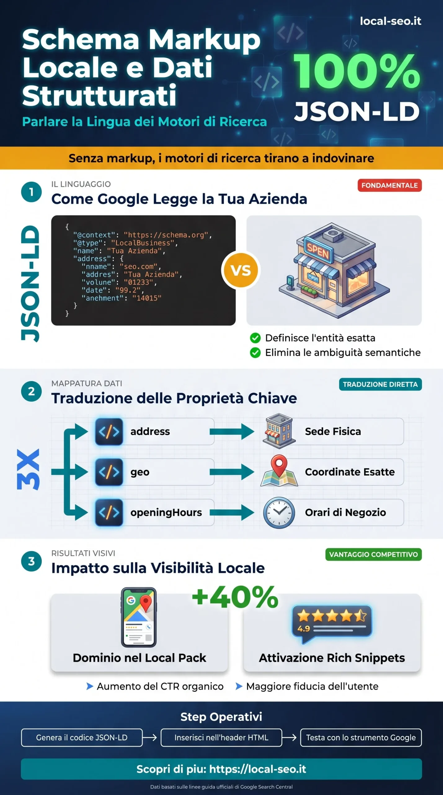 Schema markup JSON-LD per attivita locale: proprieta nome, indirizzo, telefono, coordinate geografiche e areaServed per la comprensione da parte dei motori di ricerca