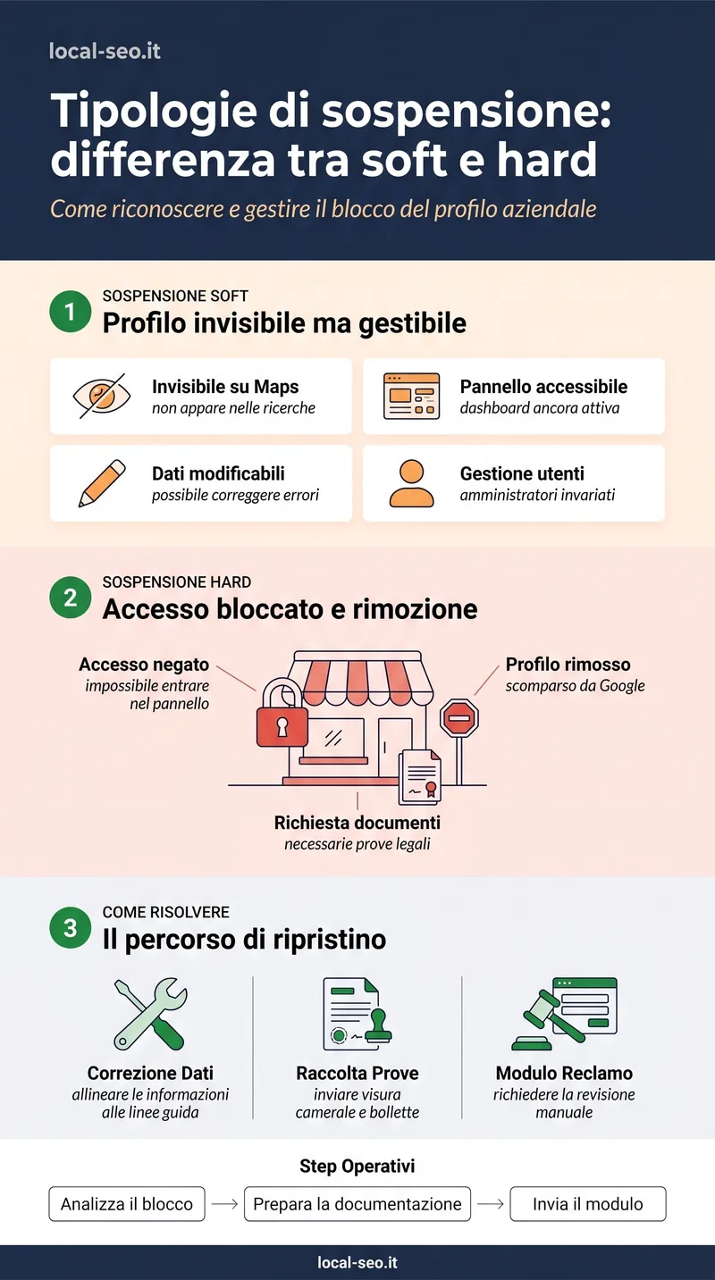 Infografica: tipologie di sospensione del Google Business Profile, soft e hard