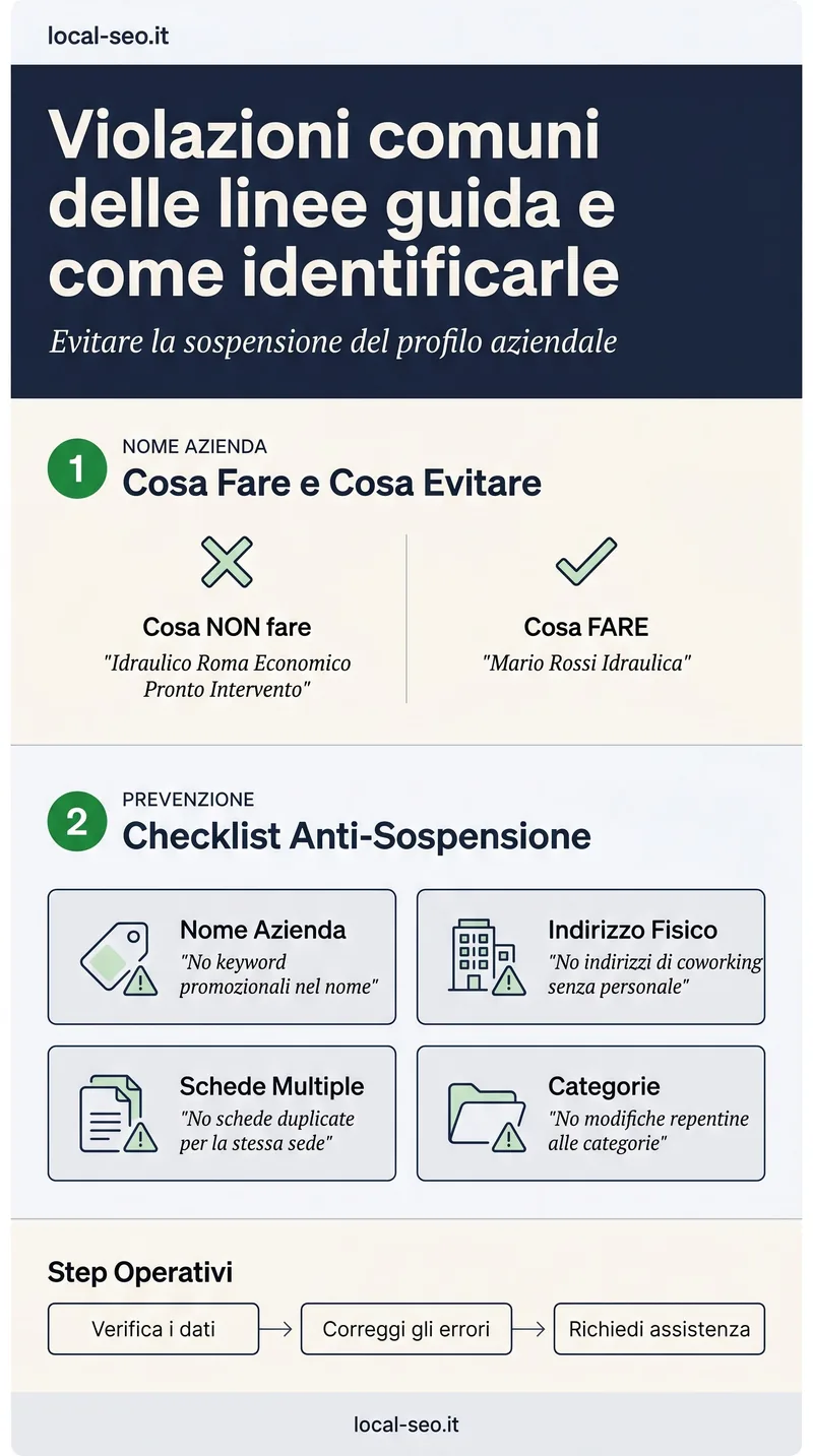 Infografica: violazioni comuni delle linee guida del Google Business Profile