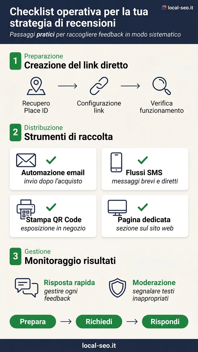 Infografica: checklist operativa in tre fasi per implementare una strategia di acquisizione recensioni Google