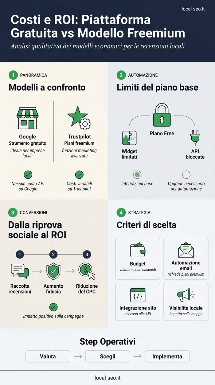 Infografica: costi e ROI di Google Recensioni gratuito contro Trustpilot freemium