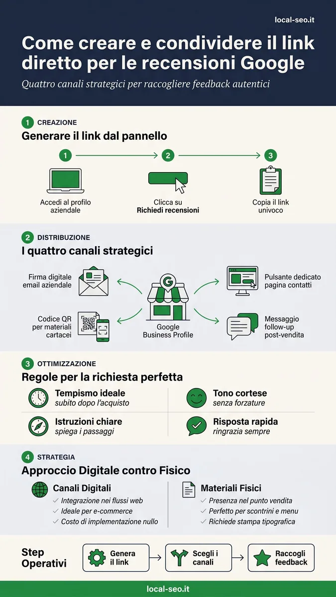 Infografica: come creare e condividere il link diretto per le recensioni Google attraverso quattro canali strategici