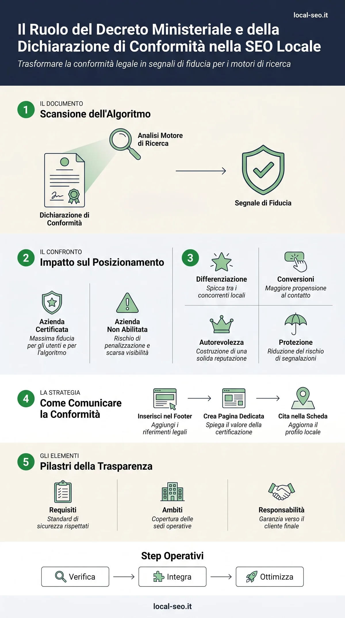 Infografica: il ruolo del D.M. 37/2008 e della Dichiarazione di Conformita come segnale E-E-A-T nella SEO locale per elettricisti
