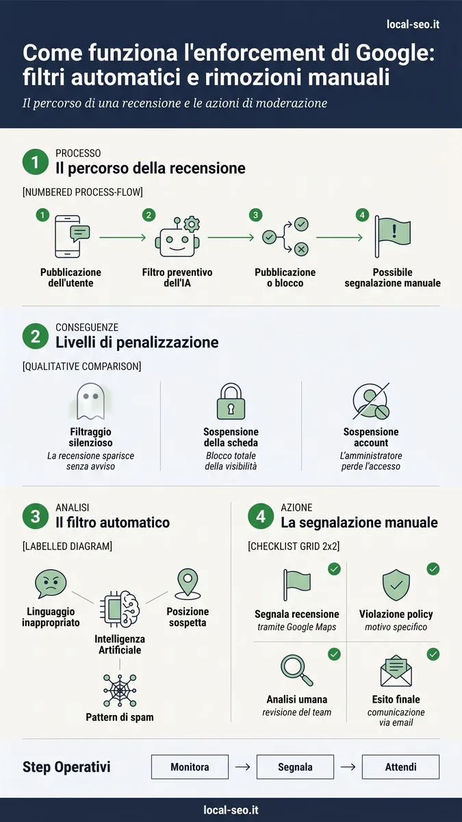 Infografica: enforcement di Google, filtri automatici e rimozioni manuali