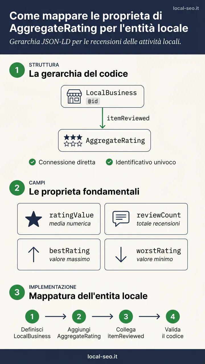 Gerarchia JSON-LD dello schema AggregateRating: LocalBusiness, itemReviewed e le proprietà ratingValue, reviewCount, bestRating e worstRating