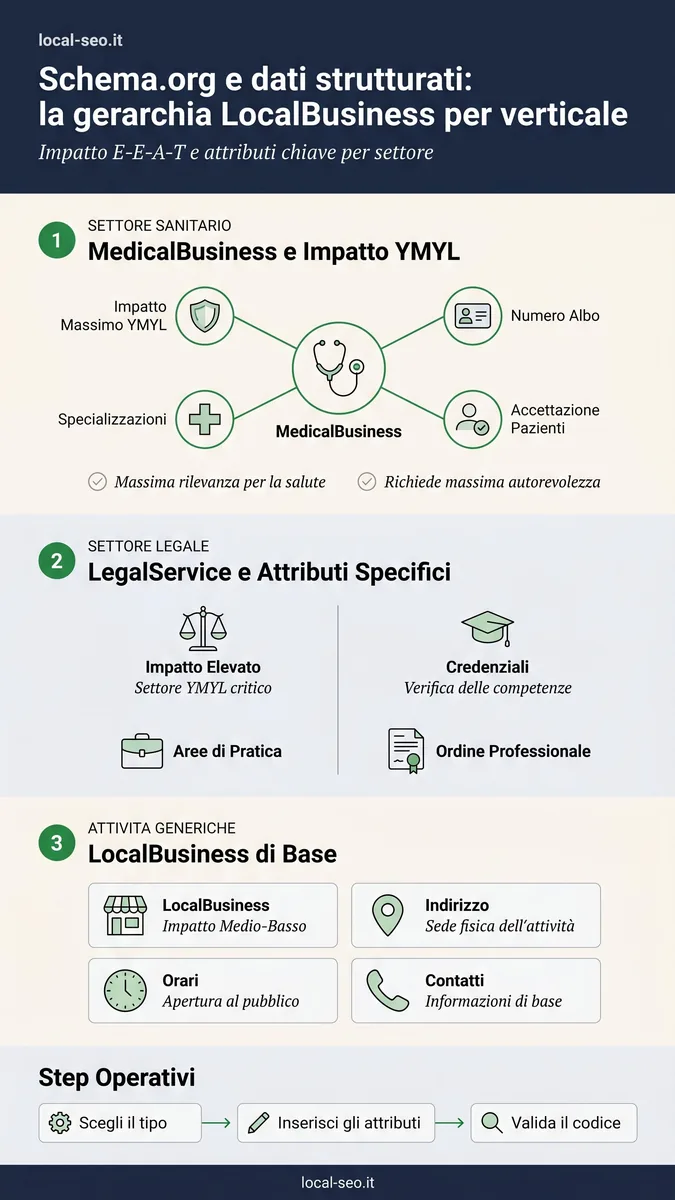 Gerarchia Schema.org LocalBusiness per verticale: MedicalBusiness, LegalService e LocalBusiness di base
