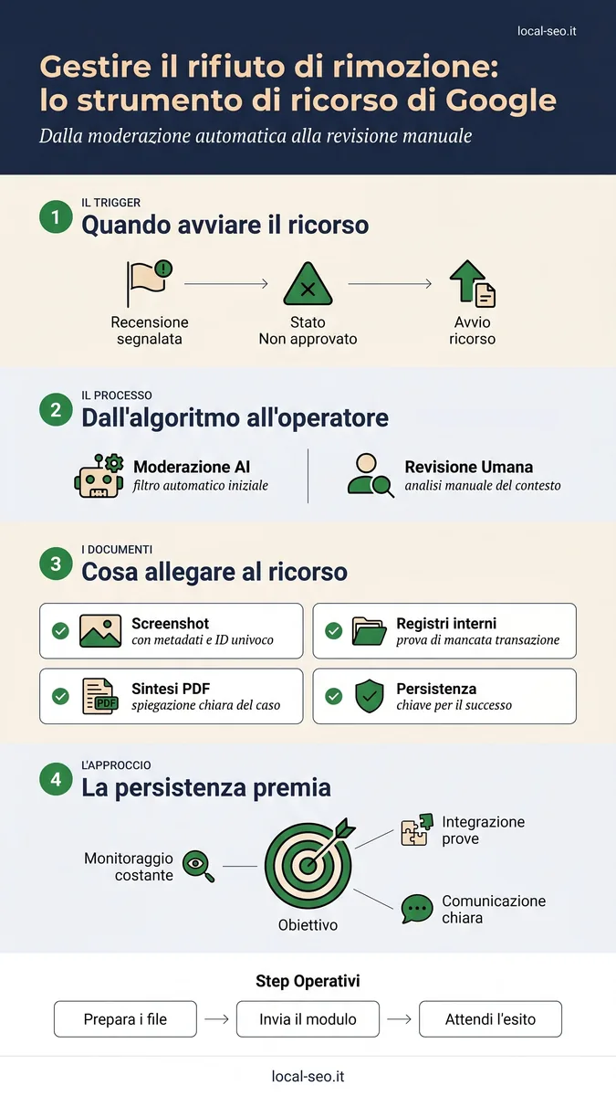 Infografica: gestire il rifiuto di rimozione con lo strumento di ricorso di Google