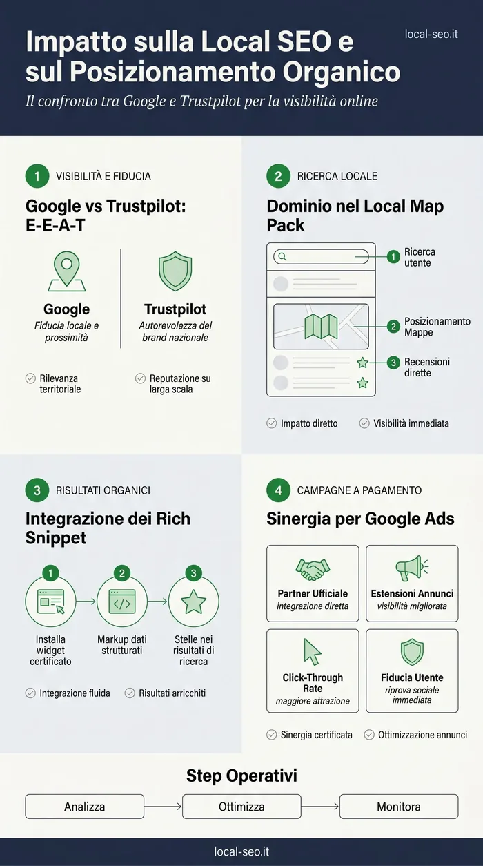 Infografica: impatto di Trustpilot vs Google Recensioni sulla Local SEO e sul posizionamento organico