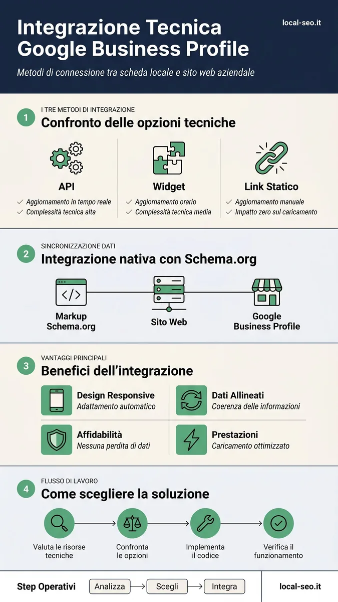 Infografica: integrazione tecnica delle recensioni Google Business Profile tramite API e widget