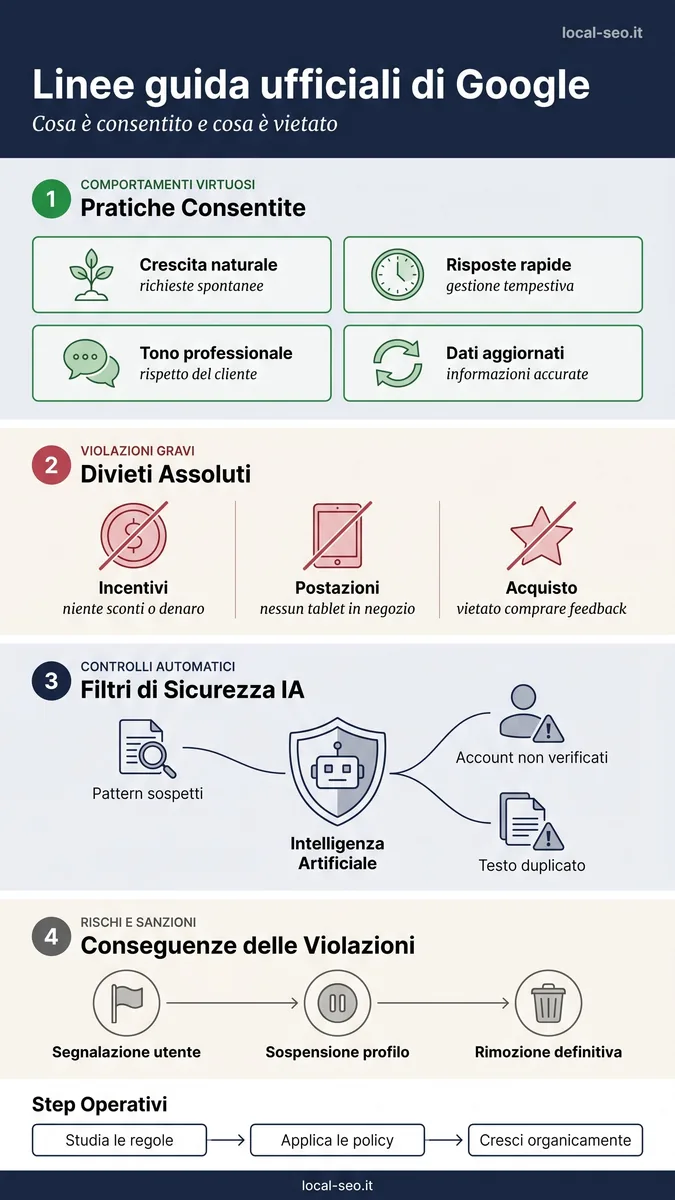 Infografica: linee guida ufficiali di Google sulle recensioni, pratiche consentite e divieti assoluti