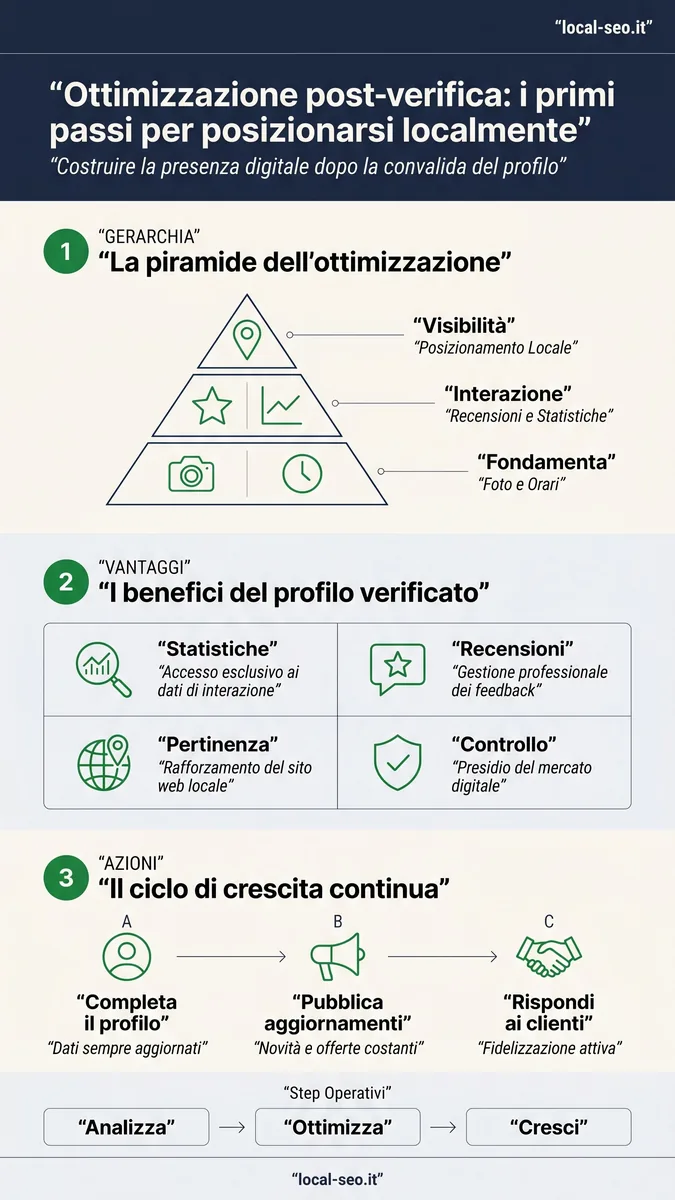 Infografica: ottimizzazione post-verifica del Google Business Profile - la piramide dell’ottimizzazione e il ciclo di crescita