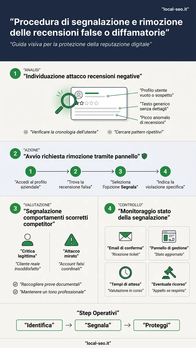 Infografica: procedura di segnalazione e rimozione delle recensioni false o diffamatorie