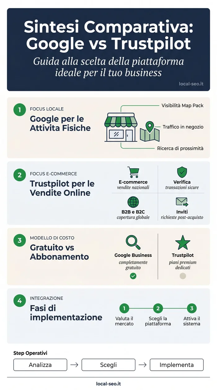 Infografica: sintesi comparativa Google vs Trustpilot per scegliere la piattaforma